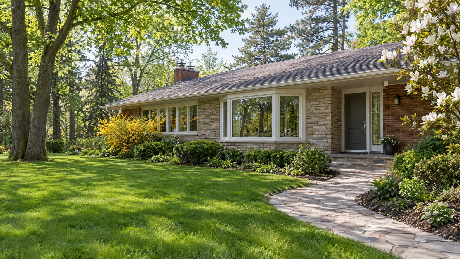 Low 1950s stone-and-brick ranch house with a front bay window on a wooded lot, with magnolia and forsythia in spring bloom