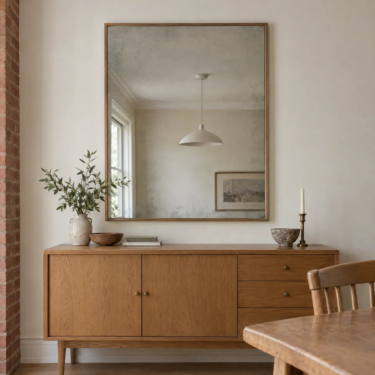 Wood-framed antiqued mirror above an oak sideboard in a dining room