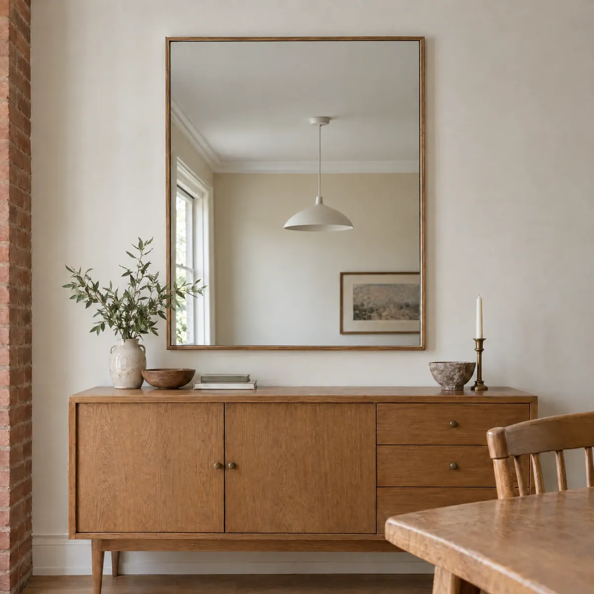 Wood-framed clear mirror above an oak sideboard in a dining room