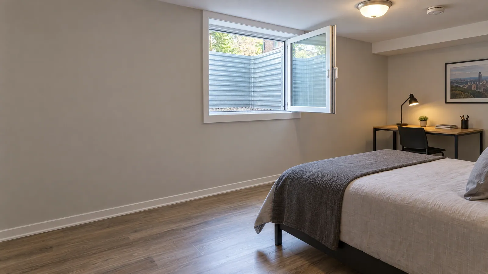Basement rental bedroom with a large white casement window swung open into a deep window well, a bed below and bare walls