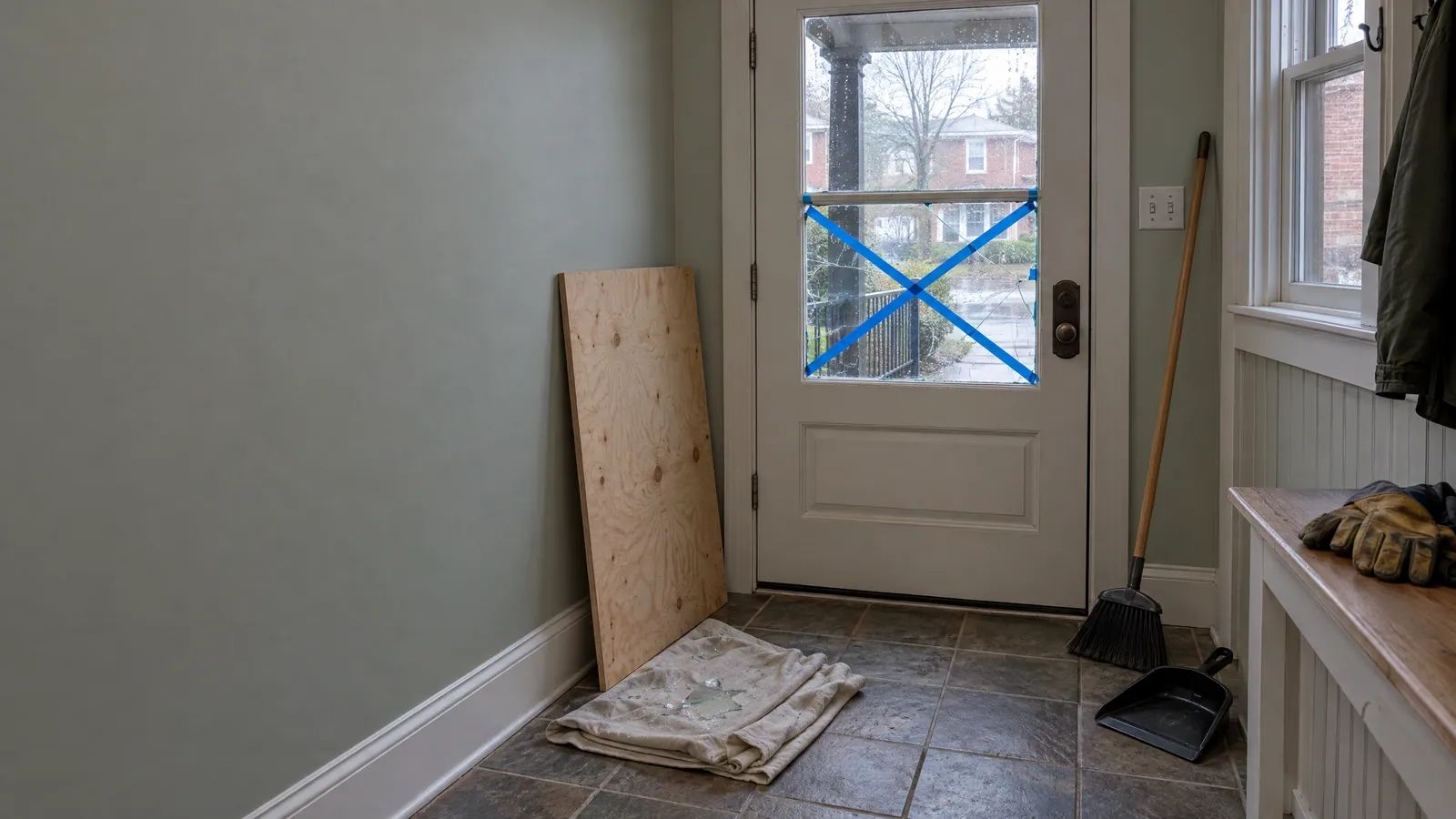 Mudroom back door with its cracked glass pane taped over, a sheet of plywood leaning below and a broom and dustpan on the floor