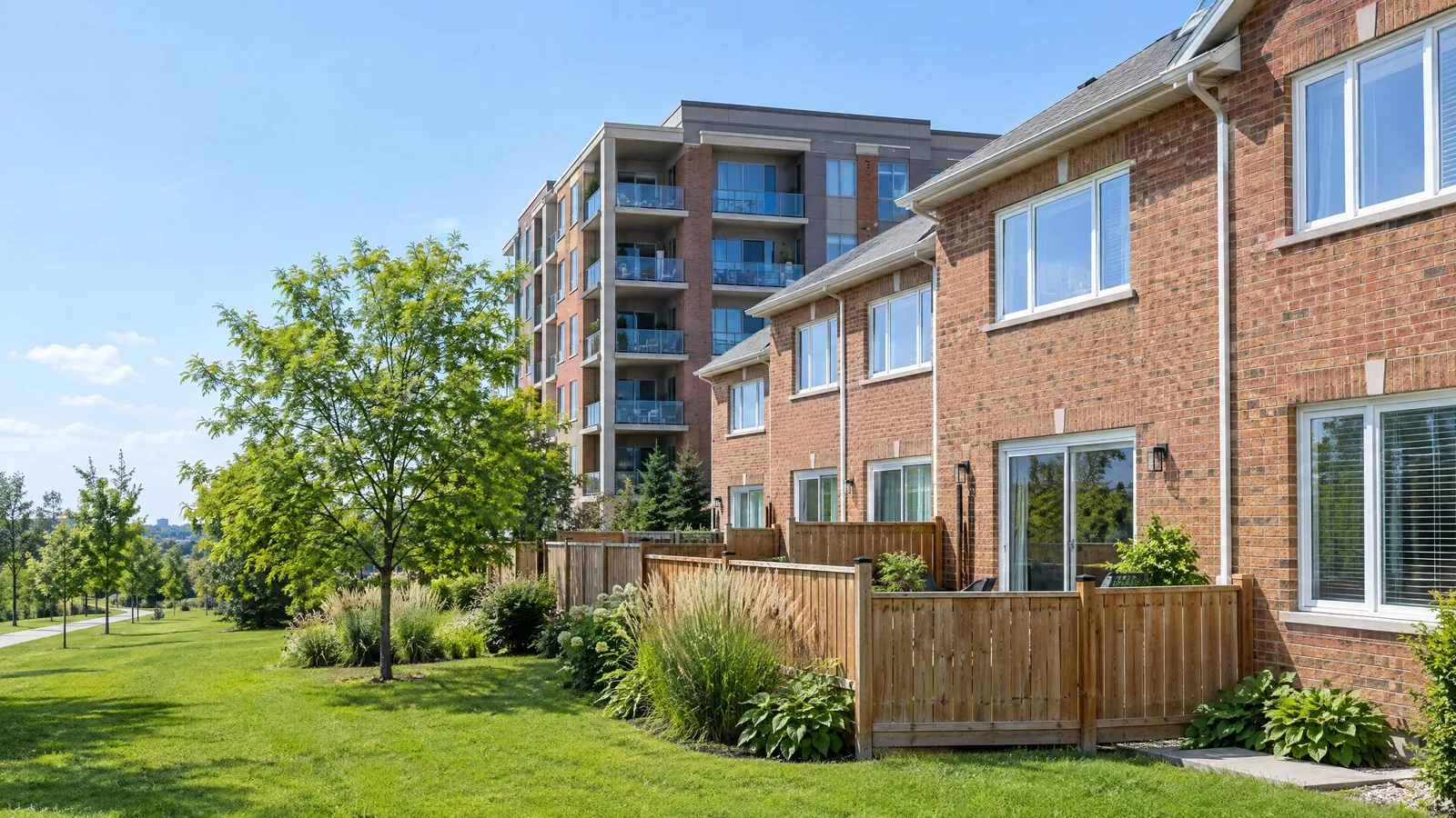 Brick townhouses with vinyl windows in front of a low-rise condo building with sliding doors onto its balconies, in summer