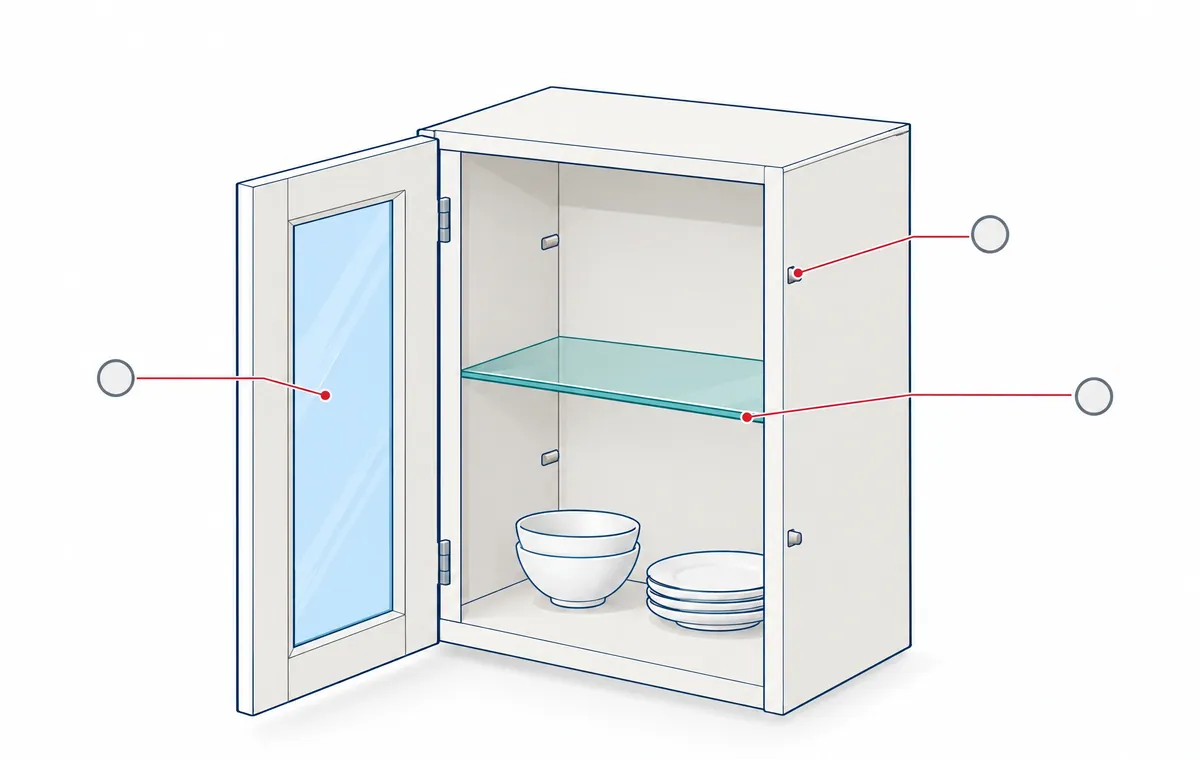 Drawing of an open cabinet with a clear glass door insert and a glass shelf resting on metal pins