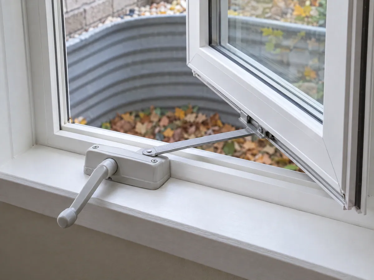 Close-up of a casement crank handle and operator arm holding the sash fully open over a window well