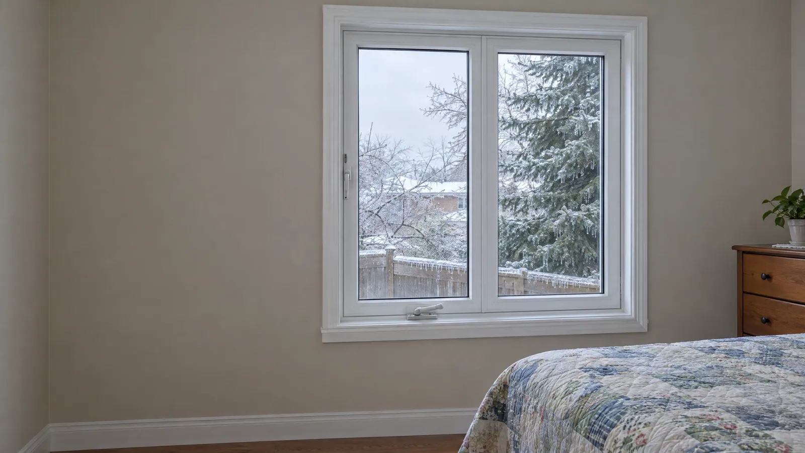 Closed white casement bedroom window with its crank handle and weatherstrip, spruce branches outside coated in freezing rain