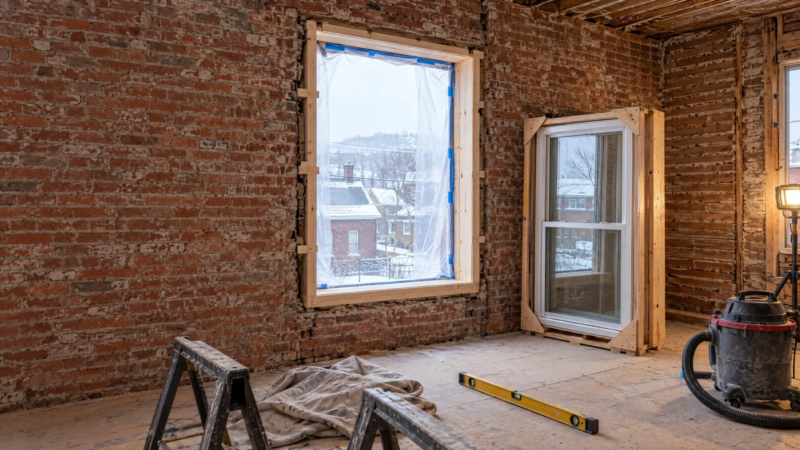 Stripped brick-walled room with a framed window opening wrapped in plastic and a new double-hung window standing in its shipping frame