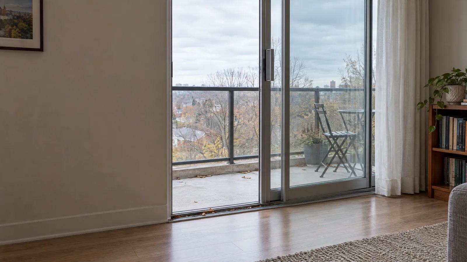 Aluminum condo balcony sliding door half open, with leaves and grit in the bottom track and a grey autumn balcony beyond