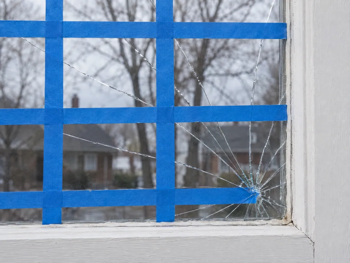 Cracked pane in a white wood sash held together with a crosshatch of blue painter's tape