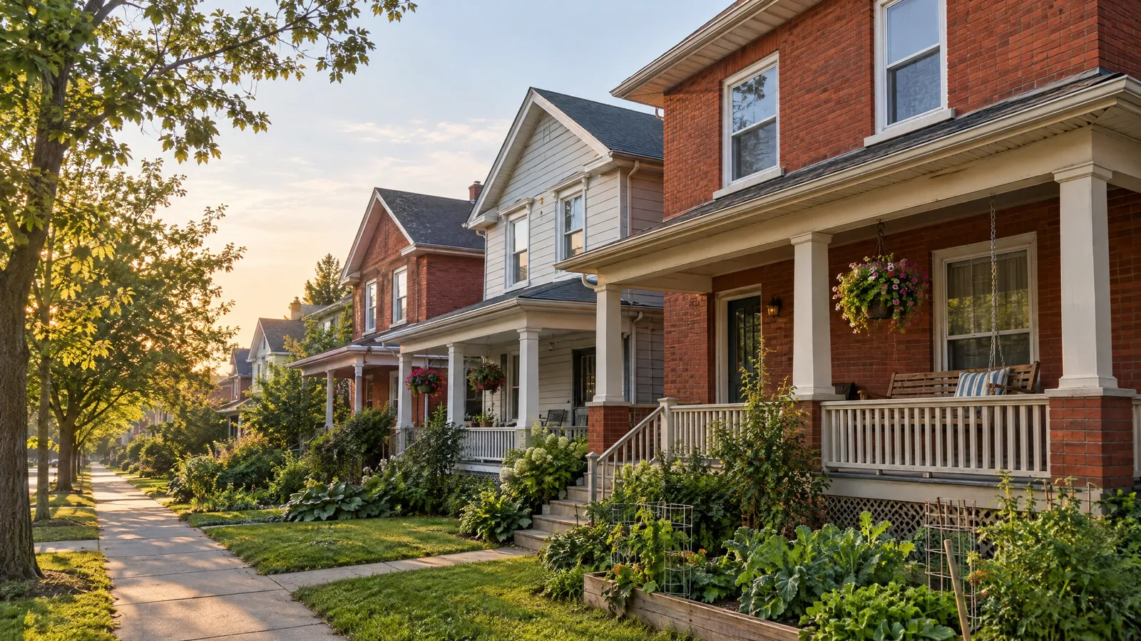 Two-storey brick and clapboard houses with full-width front porches, hanging baskets and a vegetable garden in late-summer light