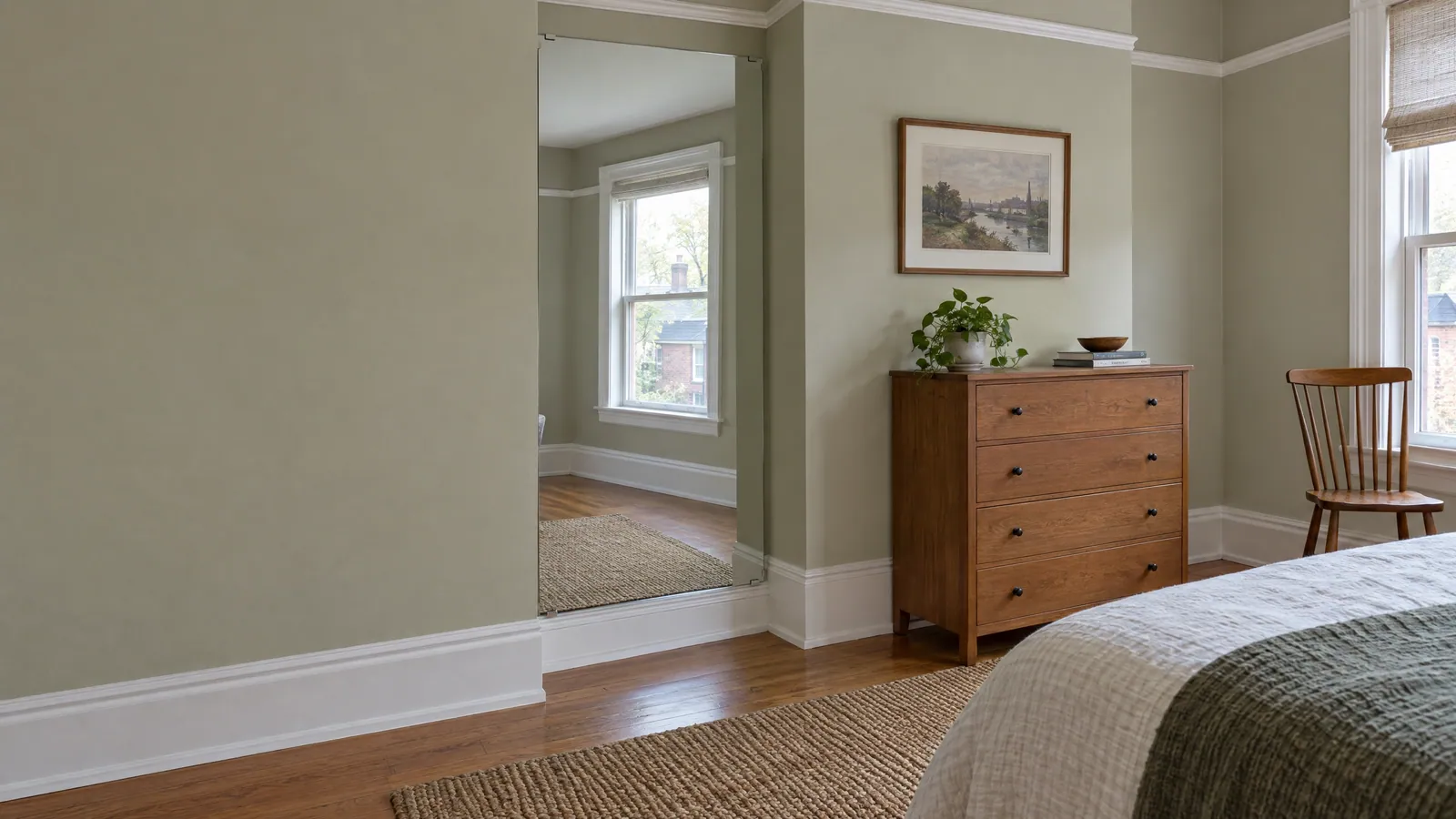 Tall frameless mirror fitted into the alcove beside a painted chimney breast in an older bedroom, reflecting a wood double-hung window