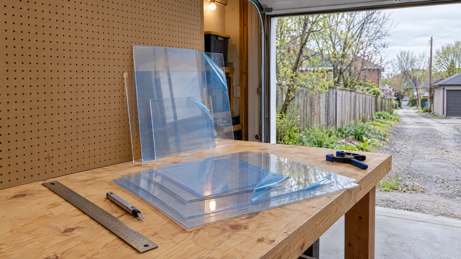 Clear acrylic and polycarbonate sheets cut to size on a garage workbench, blue film peeled at the corners, the door open to a back lane