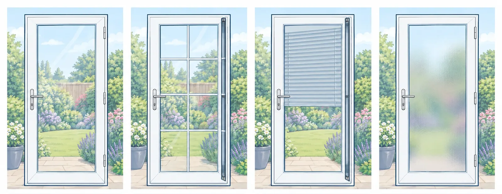 Four door glass options side by side: clear, with grilles, with blinds between the panes, and frosted