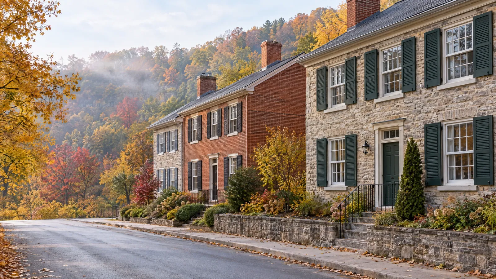 Nineteenth-century limestone and brick houses with multi-pane wood sash windows, below the wooded valley wall in autumn colour