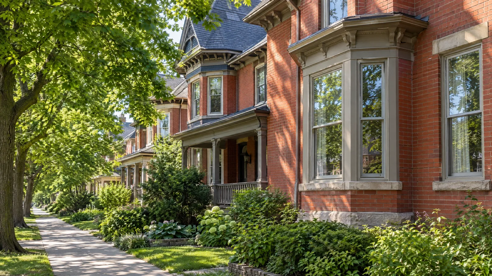 Late-Victorian red-brick houses with tall wood sash windows, a two-storey bay and a covered porch under a summer tree canopy