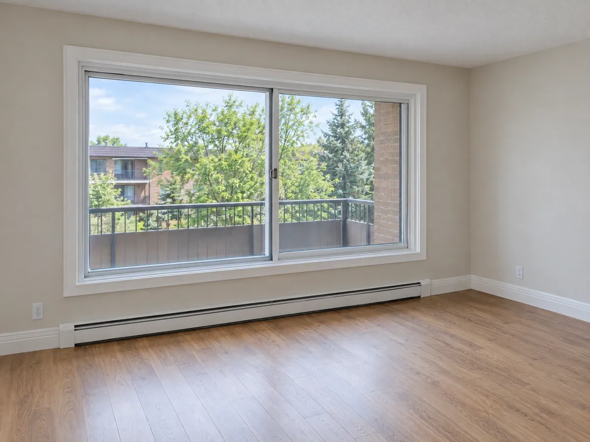 Empty apartment with a wide white sliding window over a baseboard heater, looking out to a balcony railing and trees