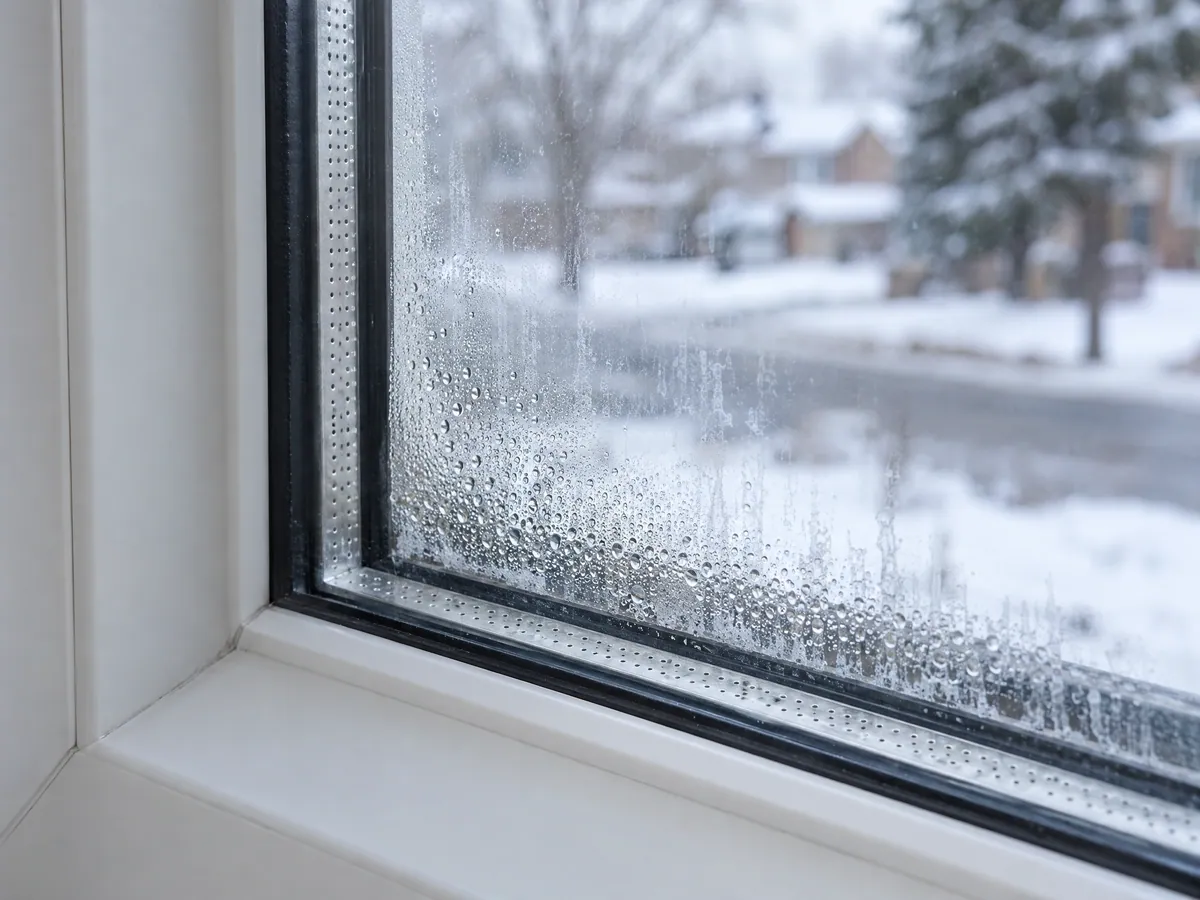 Corner of a sealed window unit with droplets and white mineral streaks trapped between the panes just above the metal spacer bar