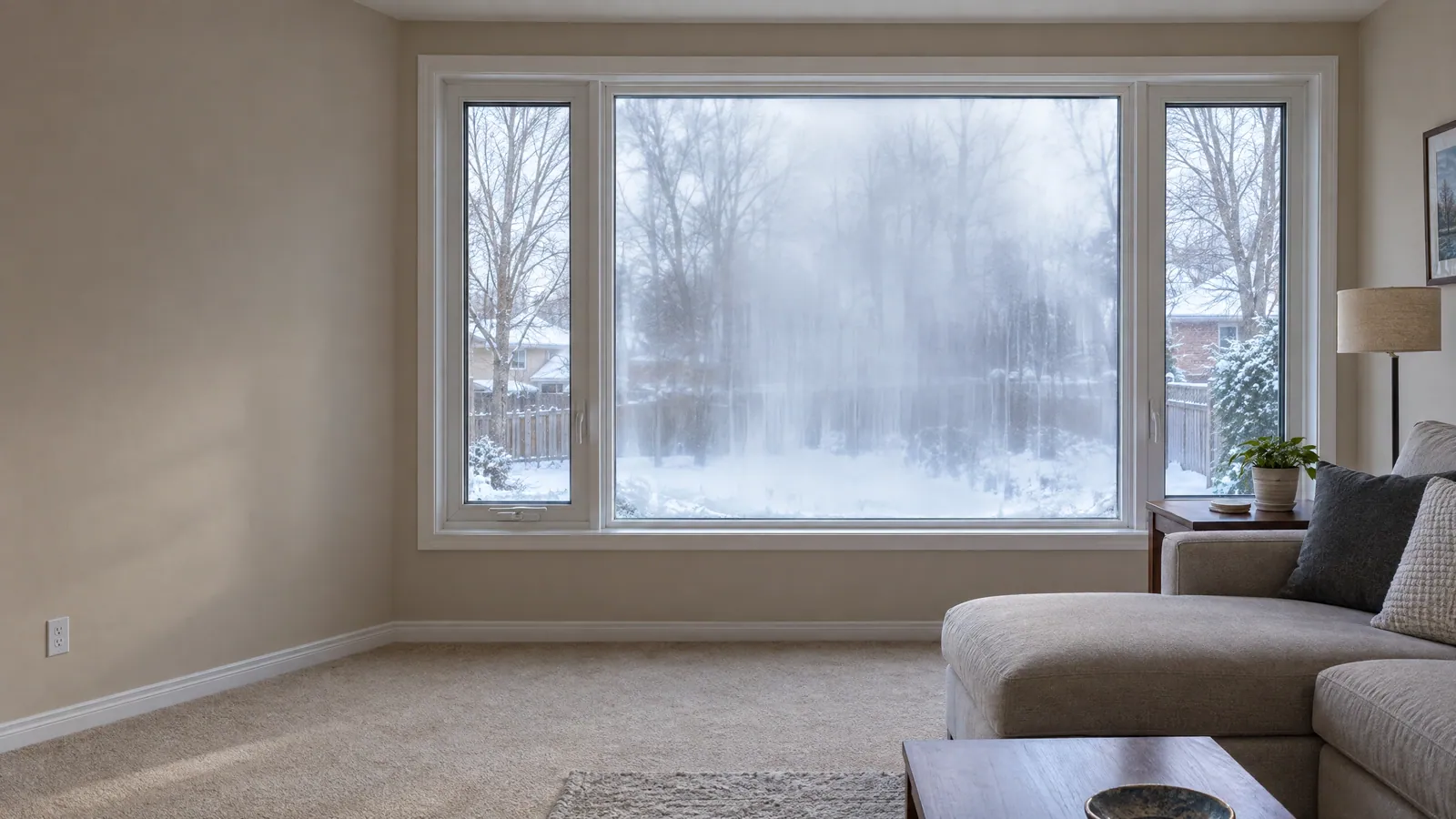 Family room picture window with milky fog trapped between the panes, snowy yard barely visible, casements either side still clear