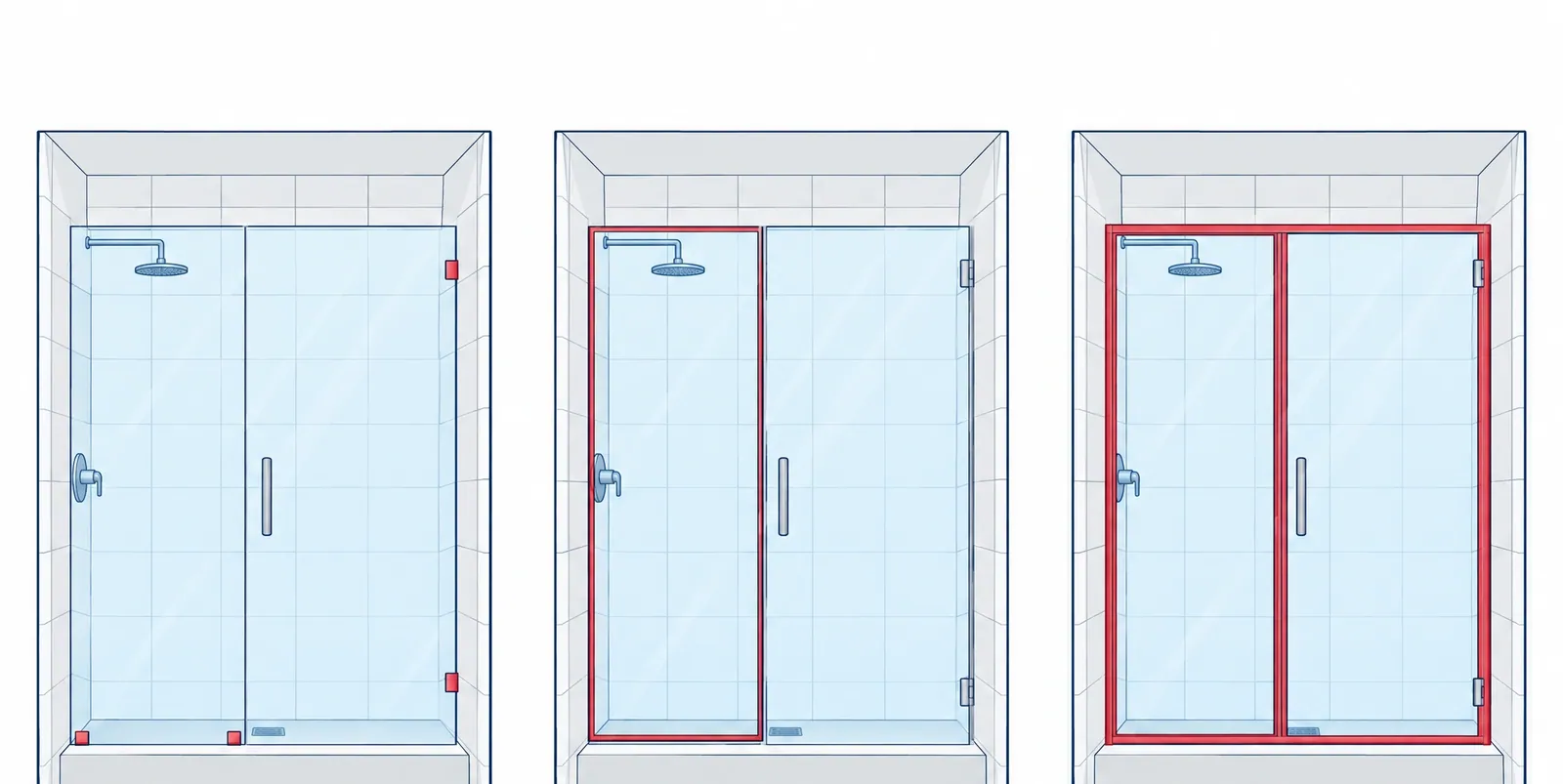 Three drawings of one tiled shower: a frameless door on small clamps, a semi-frameless door beside a metal-edged panel, and a fully framed enclosure