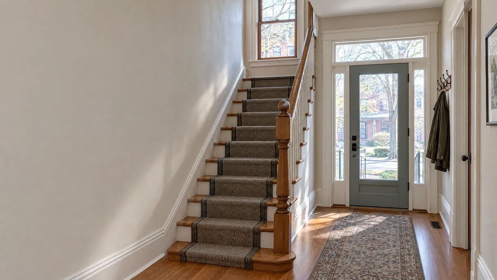 Front hall of an older brick home with a glass-lite door, sidelights, transom and stair landing window