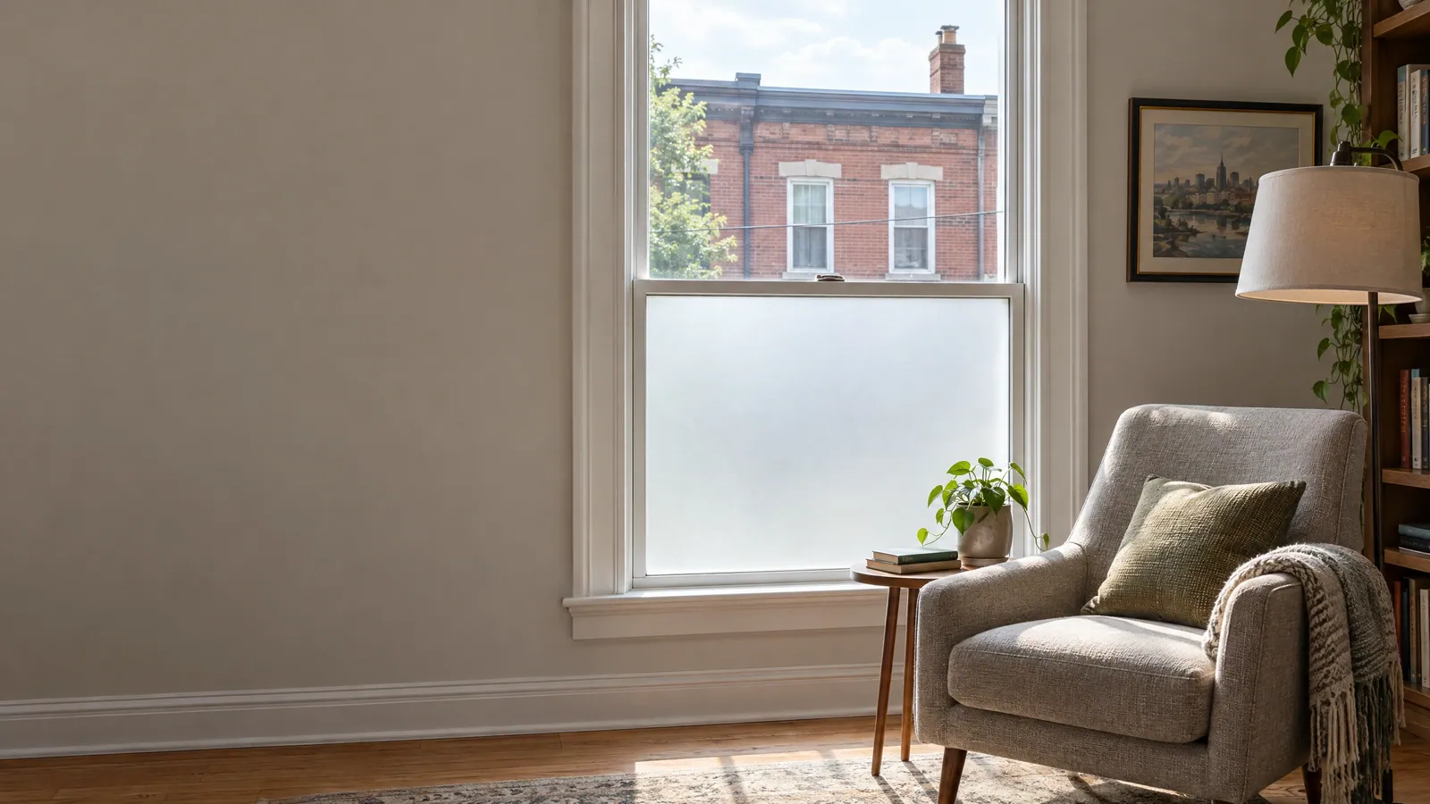 Front window of a brick row house with frosted privacy film on the lower sash and clear glass above, the houses across the street visible through the top