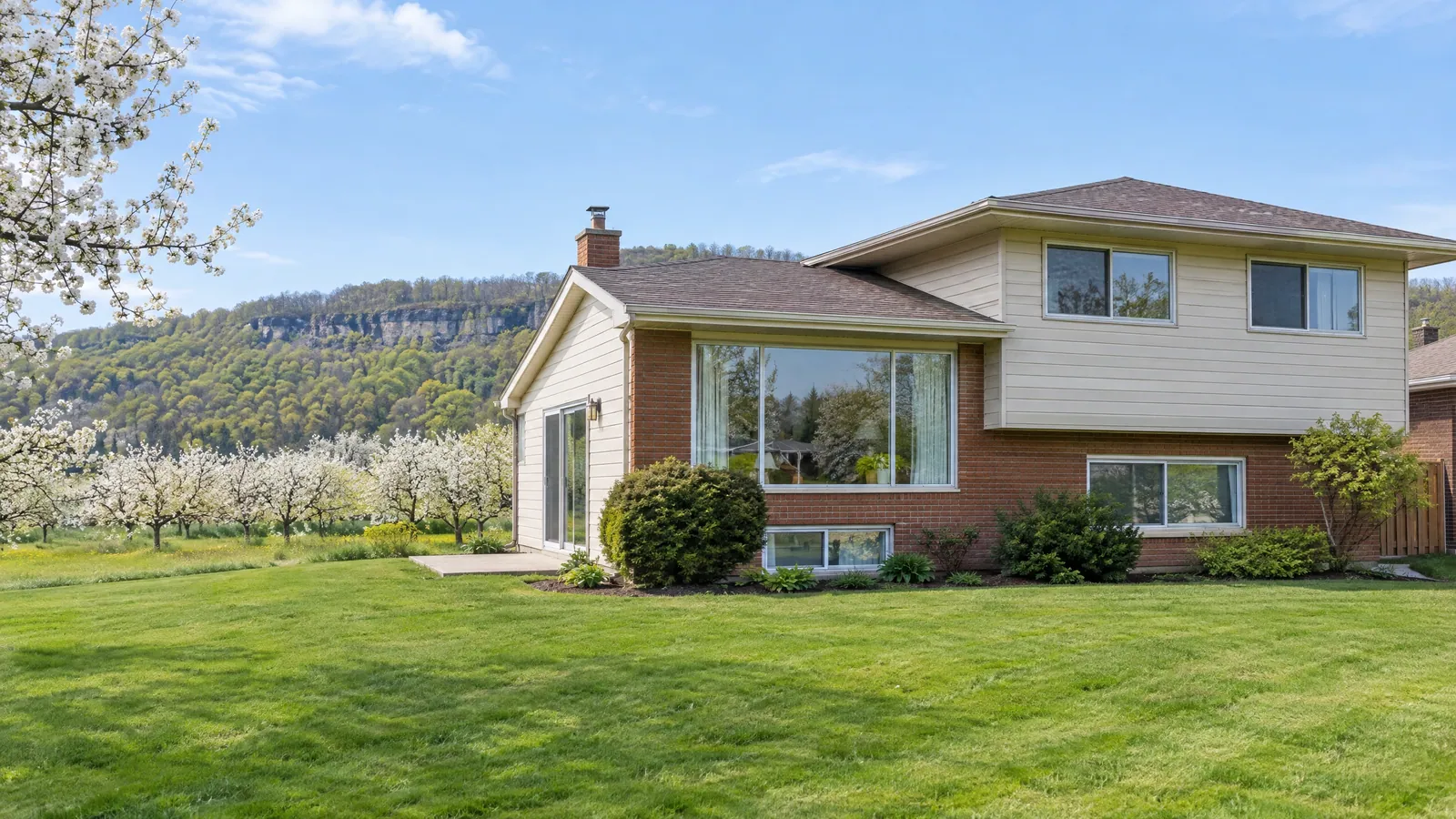 A 1960s brick side-split with wide windows and sliders beside blossoming orchard trees, with the wooded escarpment rising behind