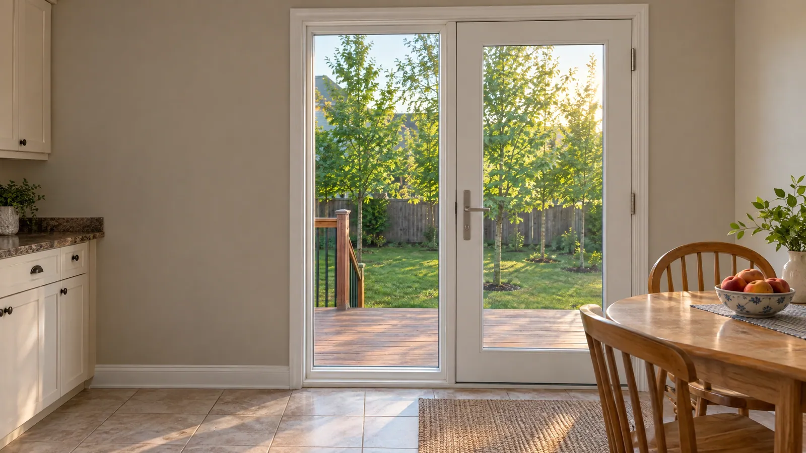 White hinged garden door open from a kitchen onto a wood deck and a green backyard in summer