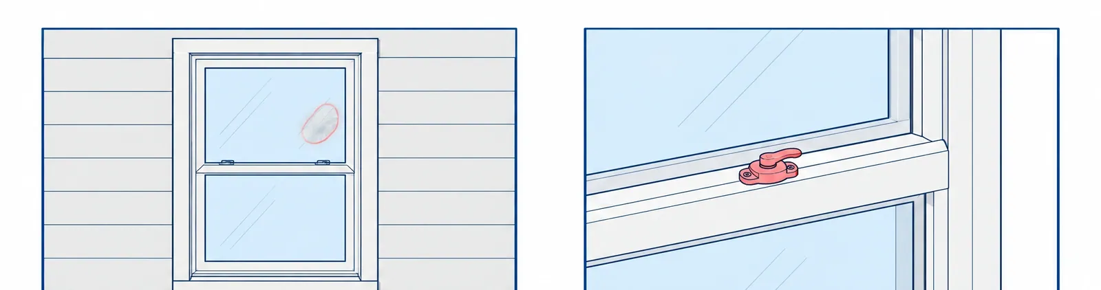 Four common problems: fog in a window pane, a sash lock, a torn screen and a worn shower door seal