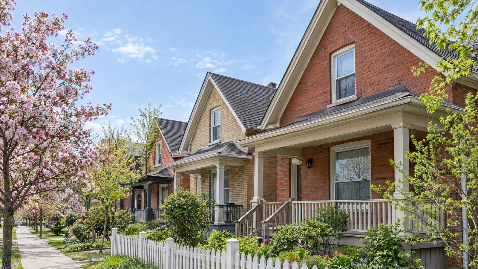 Row of modest one-and-a-half-storey brick houses with front gables, single gable windows and small porches under spring blossom