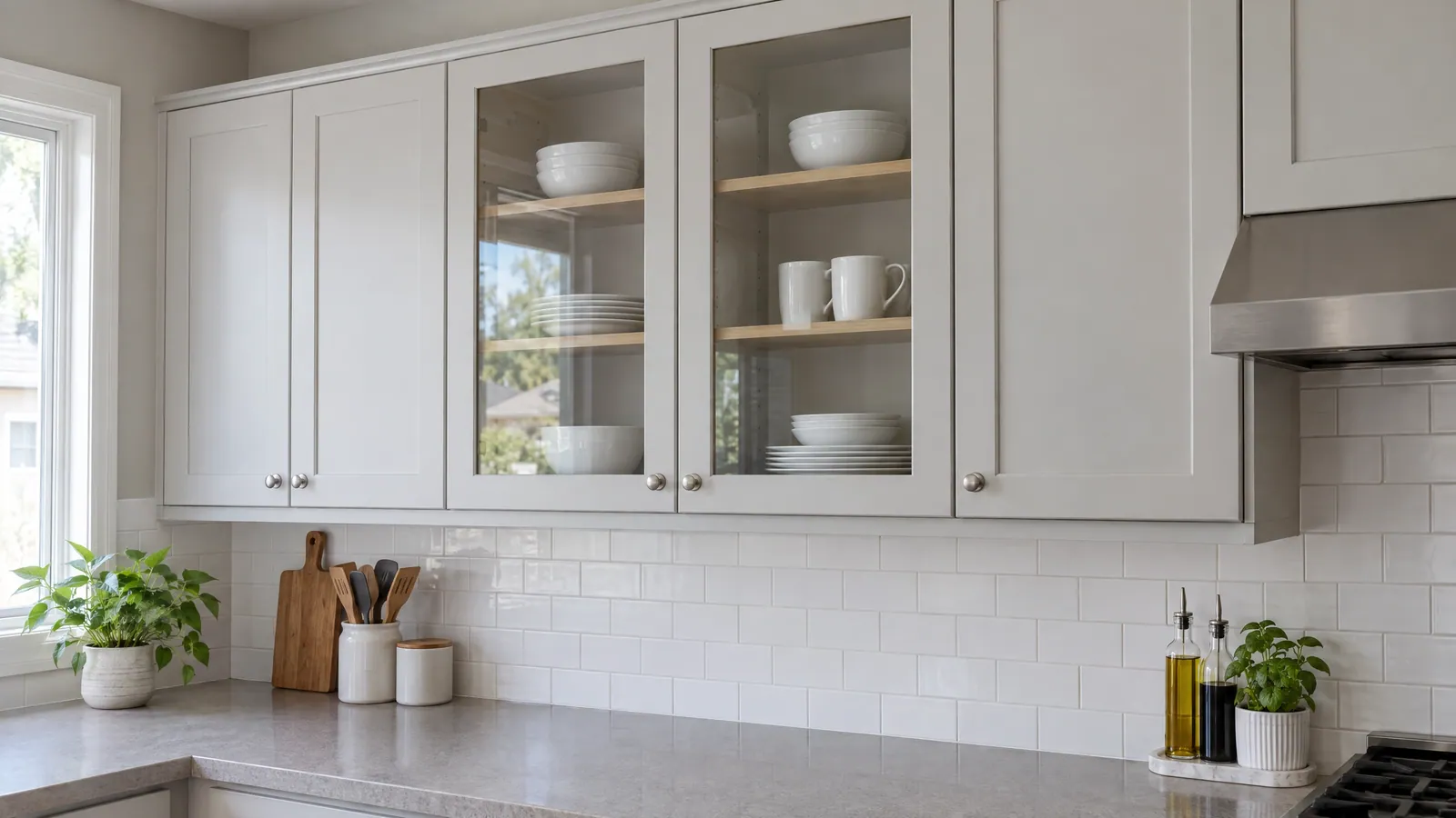 Painted kitchen upper cabinets with two clear glass door inserts showing stacked white dishes and mugs