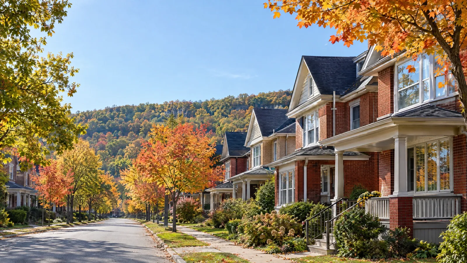 Street of red-brick houses with deep front porches under autumn maples, with the wooded escarpment rising behind