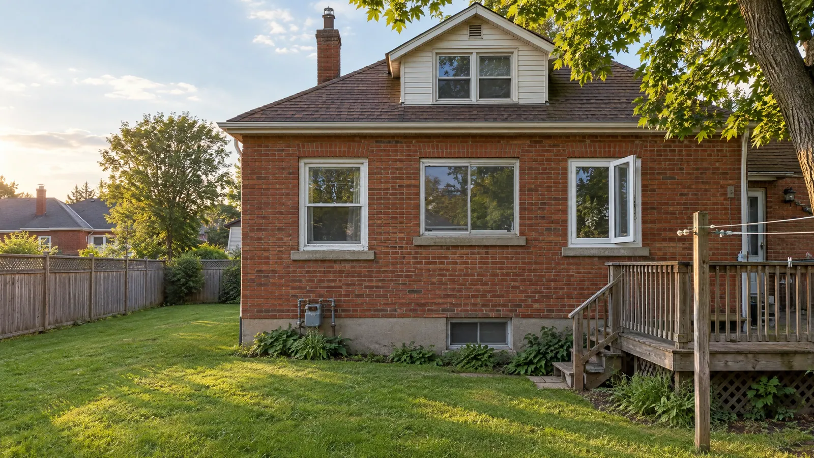 Rear wall of a 1950s brick house with an old wood double-hung, an aluminum slider and a newer vinyl casement