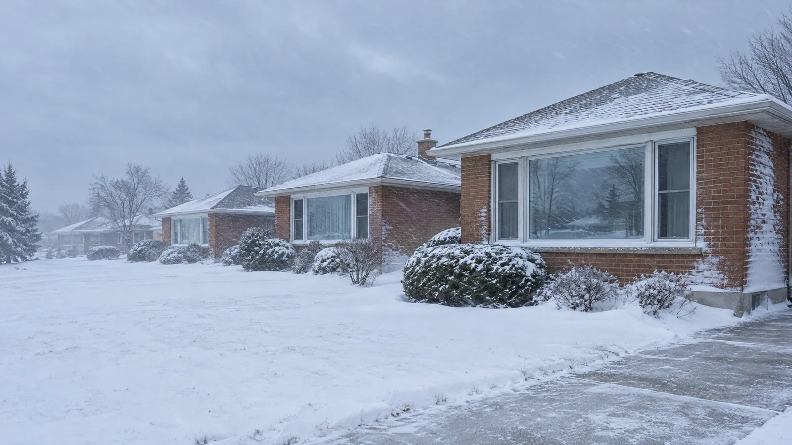 Brick bungalows with wide picture windows and snow-covered shrubs along a broad street in blowing lake-effect snow