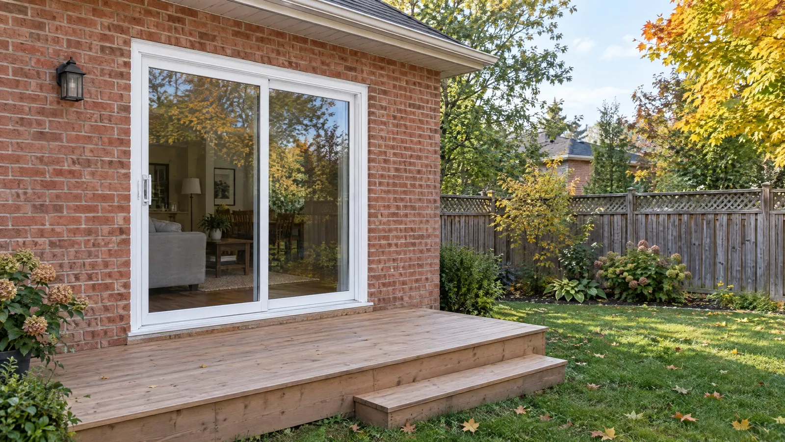 New white sliding patio door on the back of a brick house, opening onto a low wood deck