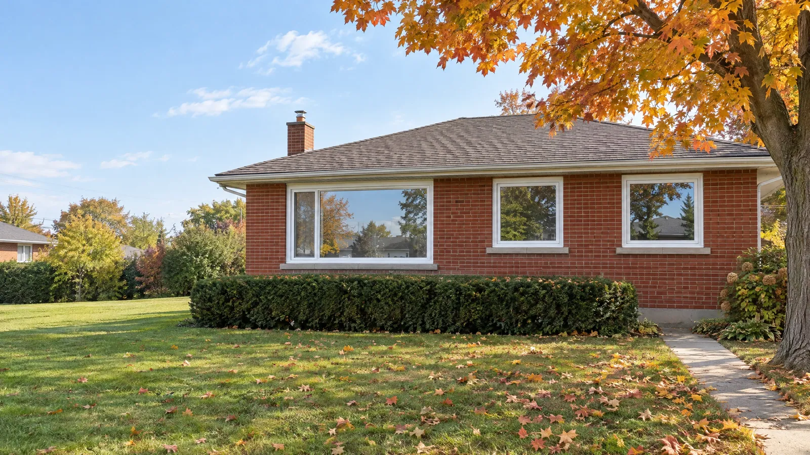 1960s brick bungalow on the Mountain with new white vinyl windows set into the original openings and a maple in autumn colour on the lawn