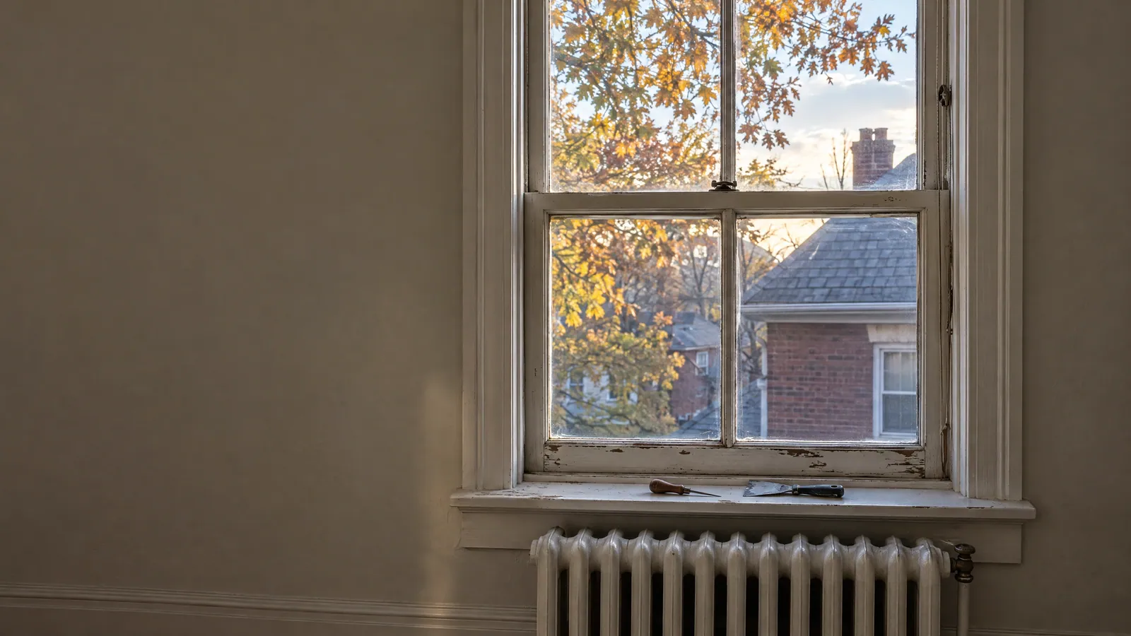 Tall original wood two-over-two double-hung window in an older bedroom, its paint worn on the sash and sill, with an awl and a putty knife resting on the sill