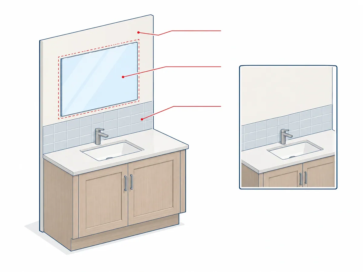 Drawing of a vanity with the old mirror's outline dashed in red on the paint and tile, and an inset of the bare wall behind it