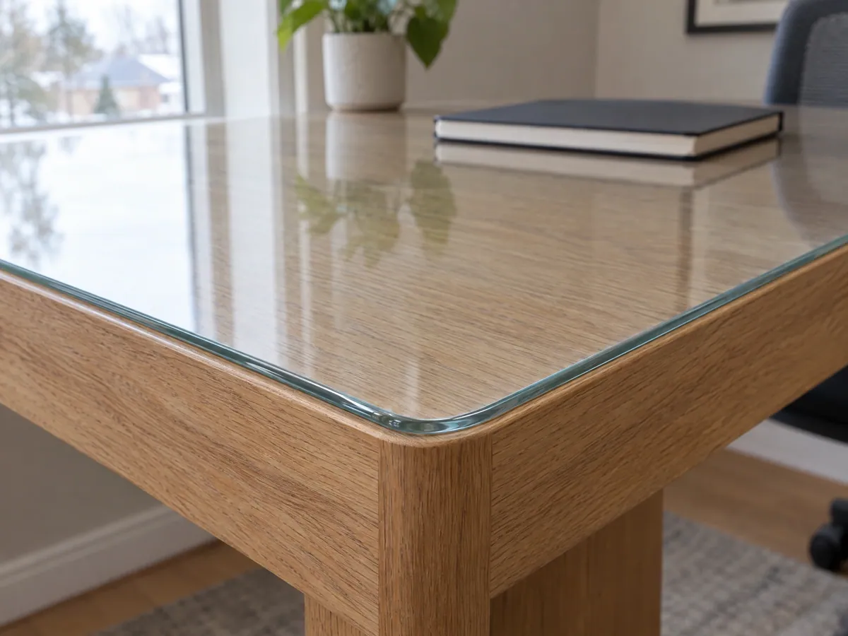 Close-up of a clear protective glass top with a polished, rounded corner on an oak desk, the grain showing through