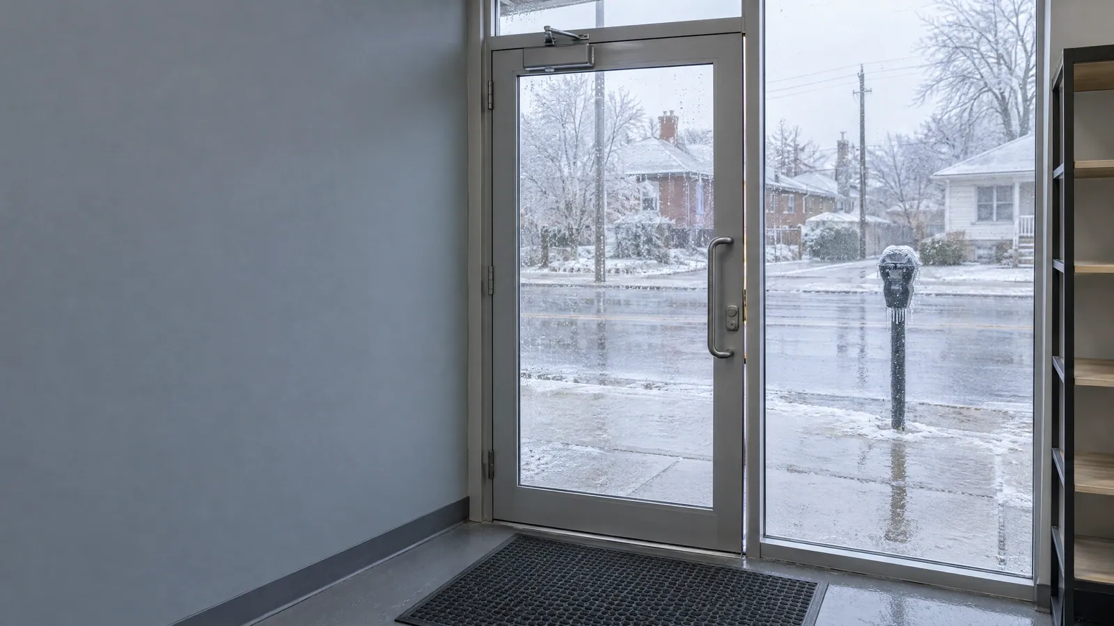 Aluminum glass shop door seen from inside with an overhead closer, freezing rain and slush on the street outside