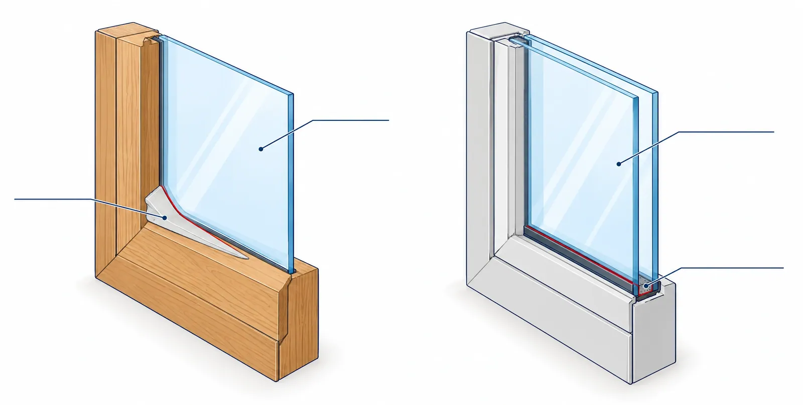 Two window corners side by side: an old wood sash holding a single pane in glazing putty, and a vinyl frame holding a sealed double-pane unit