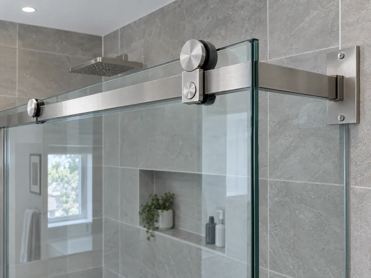 Brushed steel roller clamped to the top of a sliding glass shower panel, running on a square header bar fixed to grey tile