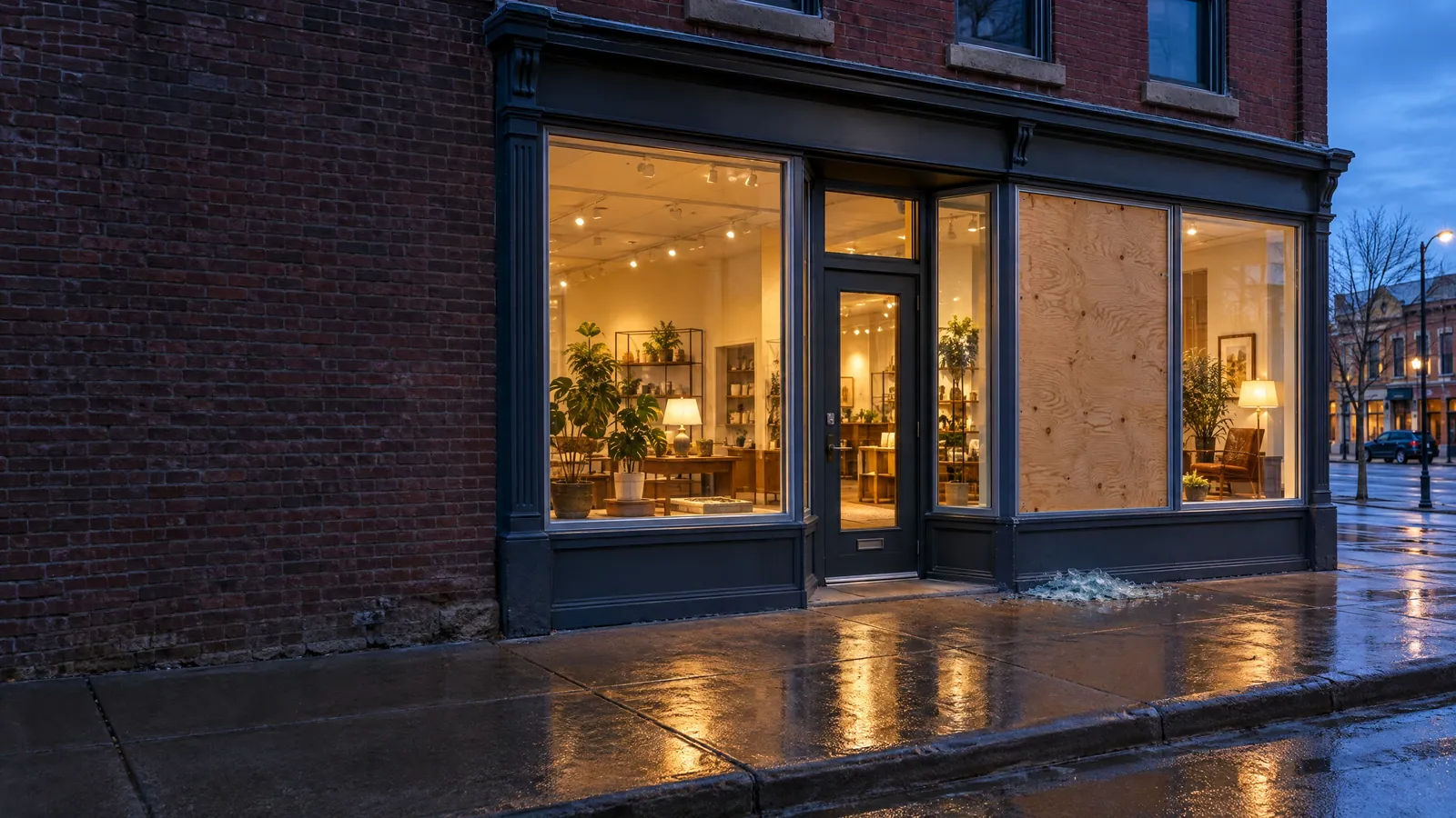Brick storefront at dusk on a wet street, one display pane covered in plywood and broken glass on the sidewalk below