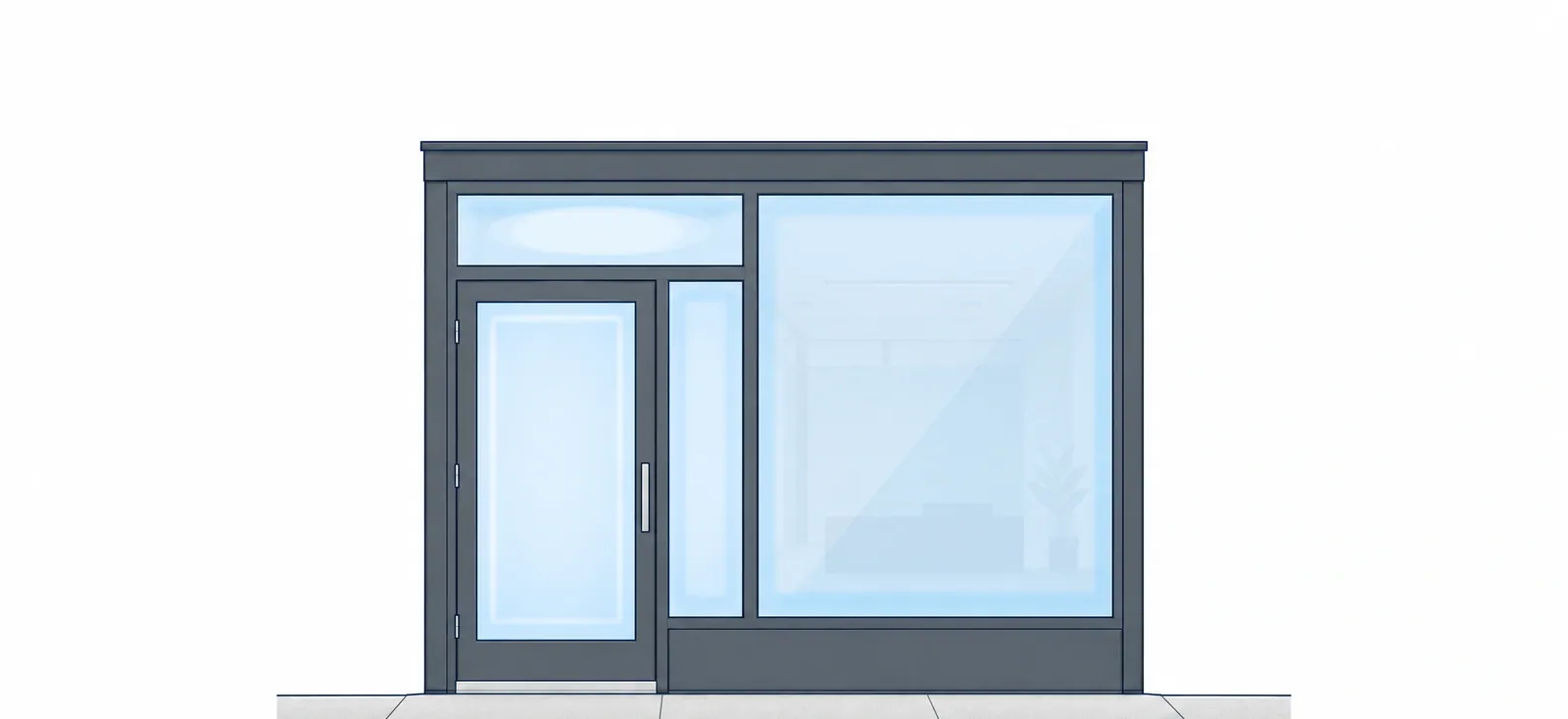 Line drawing of a storefront: glass entry door with a transom above, a narrow sidelite and one large display window