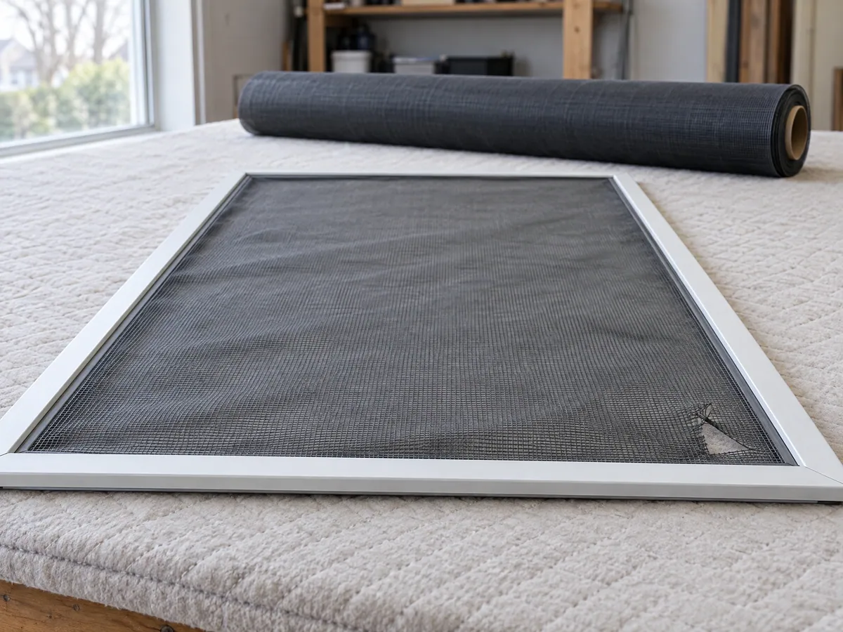 Window screen frame with a long tear in the mesh, on a workbench beside a roll of new screen mesh