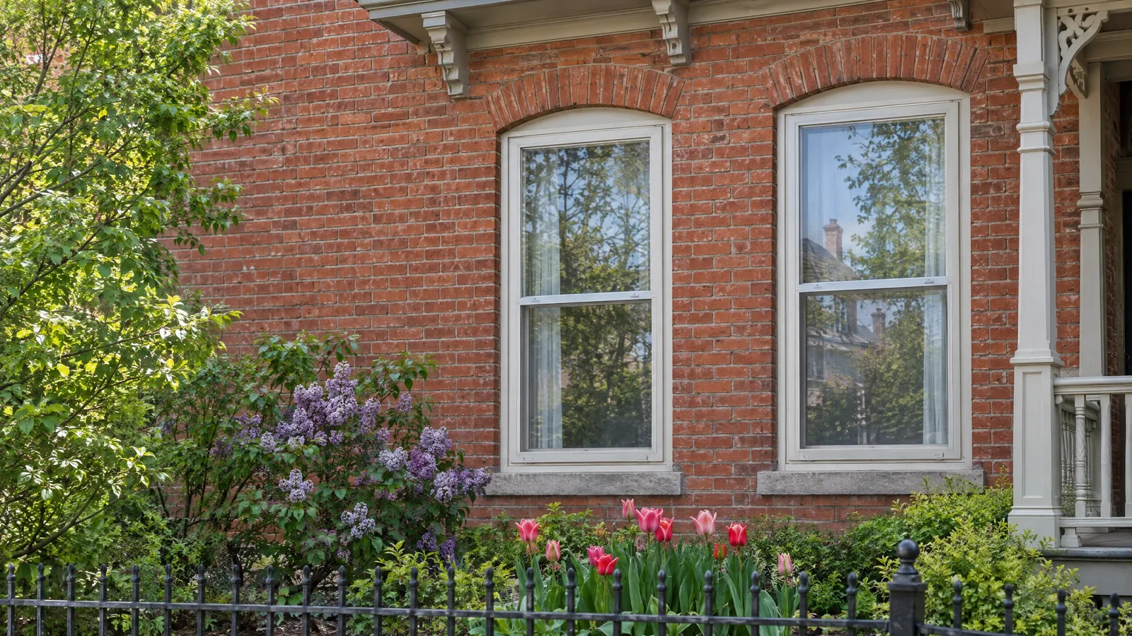 Victorian red-brick house front with tall wood windows under arched brick lintels, painted wood storm sashes fitted over them and spring flowers in the front bed