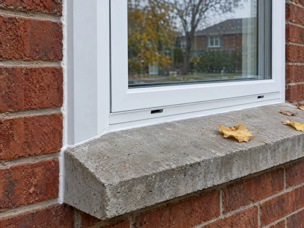 Corner of a new white vinyl window with aluminum capping over the old frame and a clean sealant joint against weathered brick