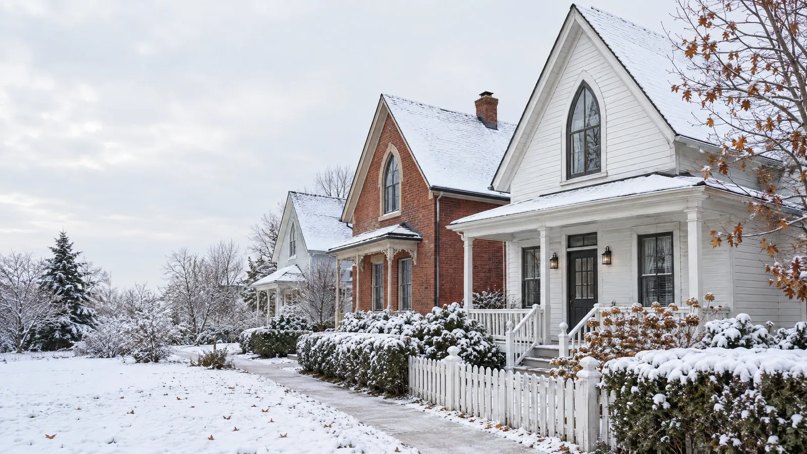 Older clapboard and brick village houses with centre gables and wood windows under a light early-winter snow