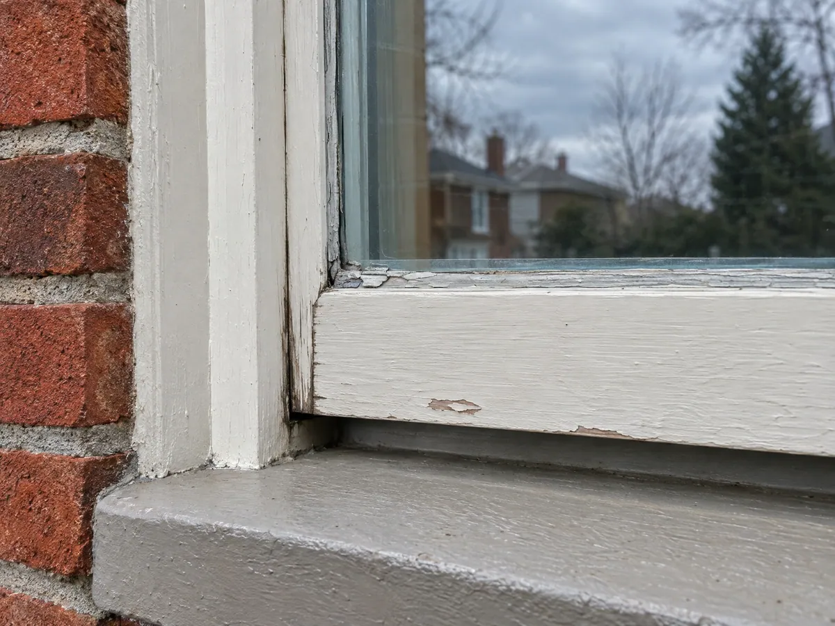 Bottom corner of an old wood sash with paint peeling off the rail and dried glazing putty cracked and falling away from the glass