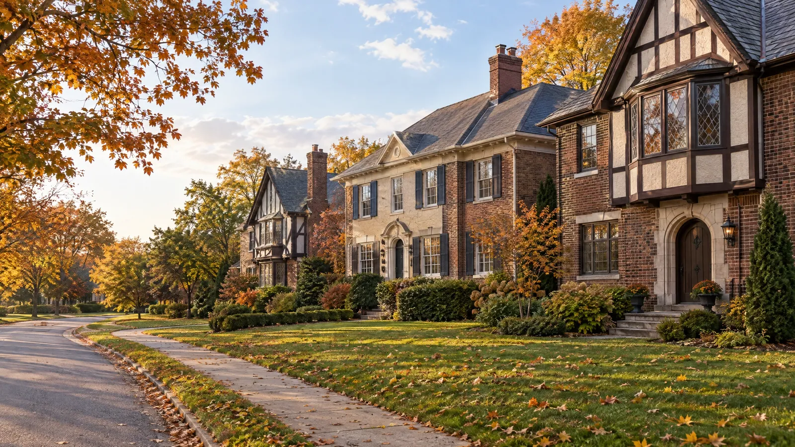 Curving street of 1920s Tudor-revival houses in brick and stucco, with leaded casement and bay windows, under autumn maples