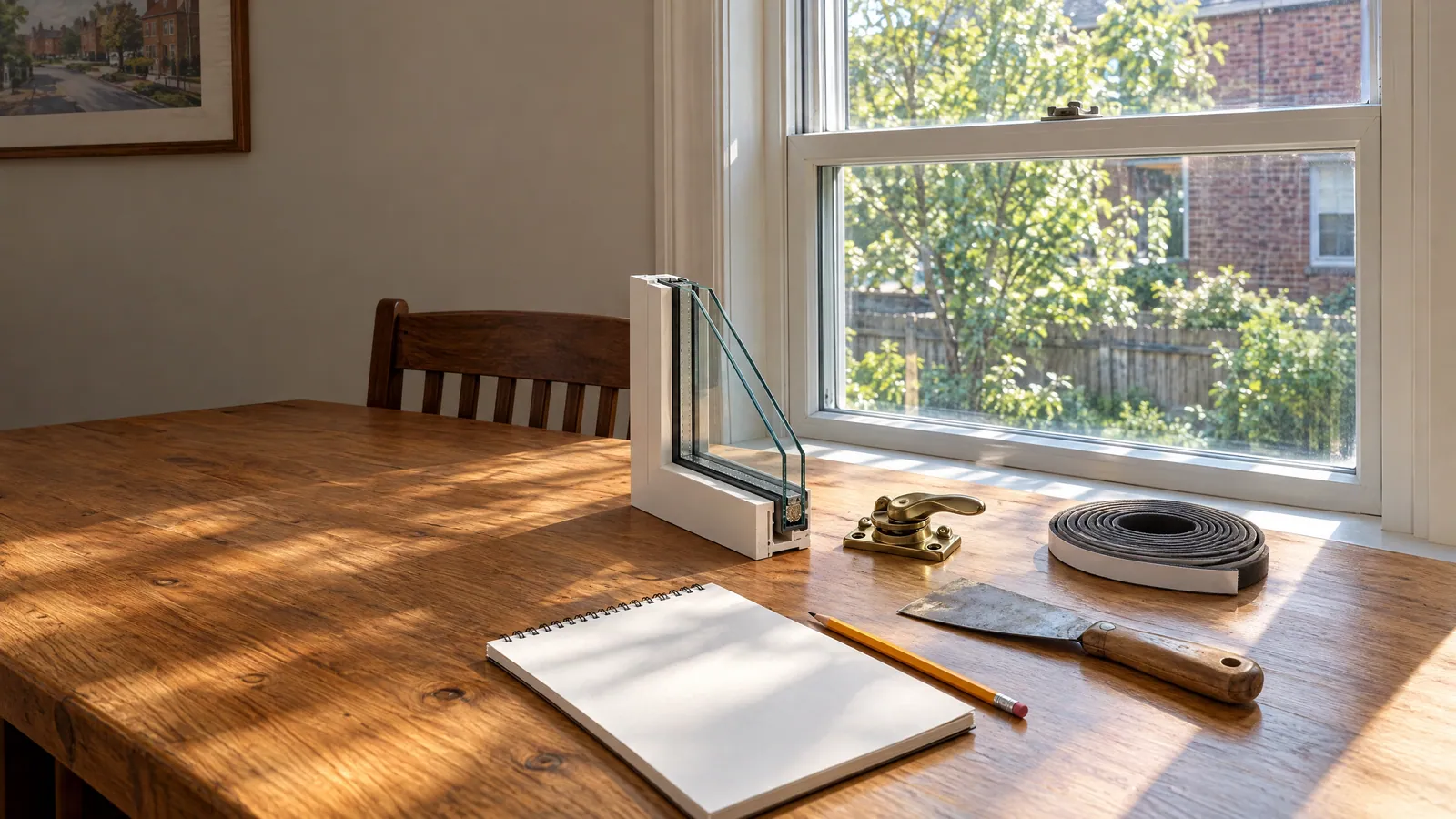 Dining table by an old wood window with a sealed-unit sample, sash lock, weatherstrip, putty knife and notepad