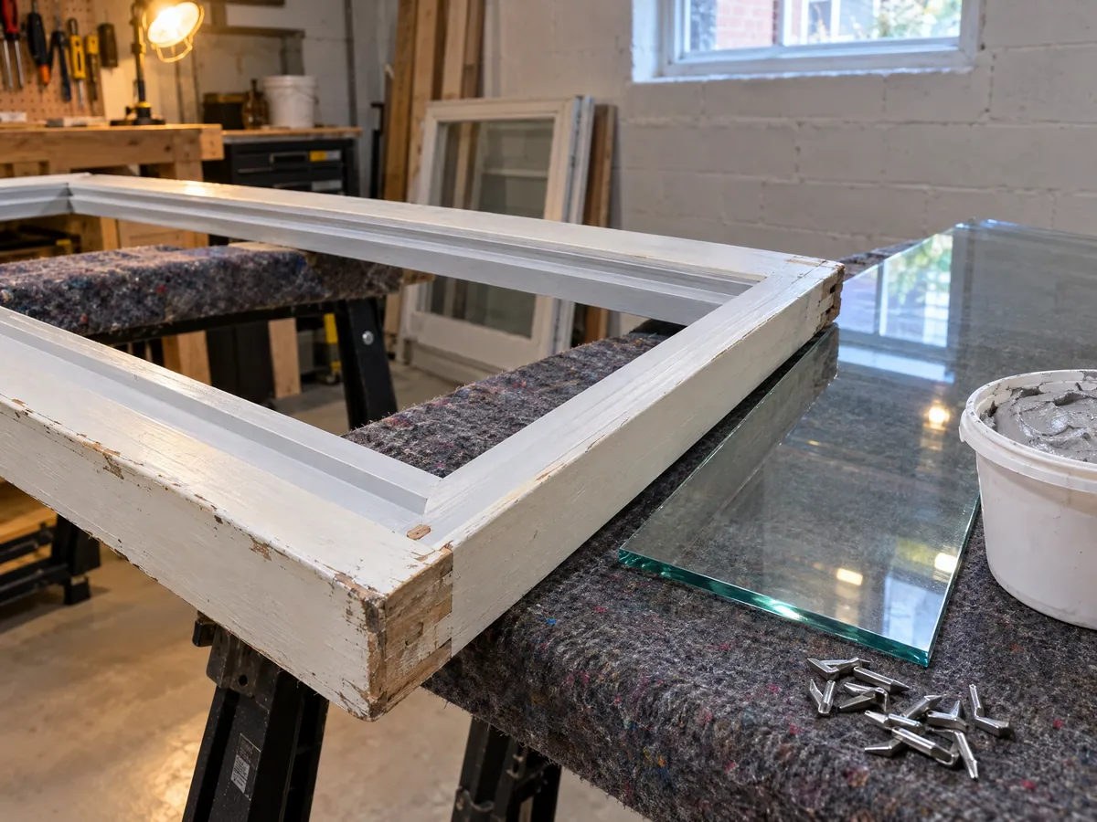 Wood window sash lying across two sawhorses, its glass rebate scraped clean and primed, with a new pane of glass leaning beside it ready to go in